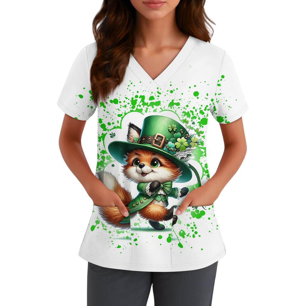 Women's Cute Bow Printed Work Clothes V-neck Double Layer Pockets Basic Short Sleeve Top Pullover