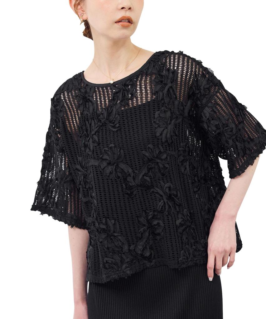 ROPE PICNIC Mesh Cord Embroidered Pullover Top In Black Women's (01)