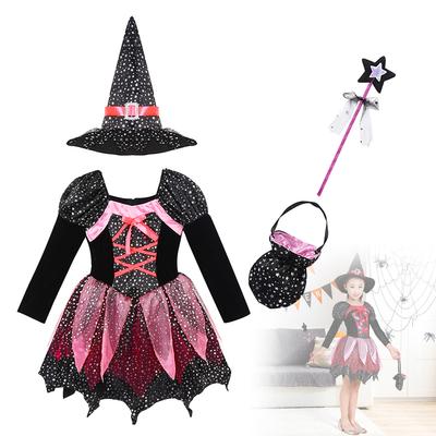 Kostium czarownicy na Halloween dla dziewczynek, błyszcząca srebrna sukienka karnawałowa do cosplayu z nadrukiem gwiazd, ze spiczastym kapeluszem i różdżką, ubrania do przebrania