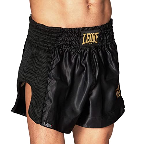Leone 1947 Muay Thai Kickboxing Shorts, Unisex [ESSENTIAL THAI SHORTS], Satin Material, Elastic Waist, Size M/Black, ABE20 [Authentic]