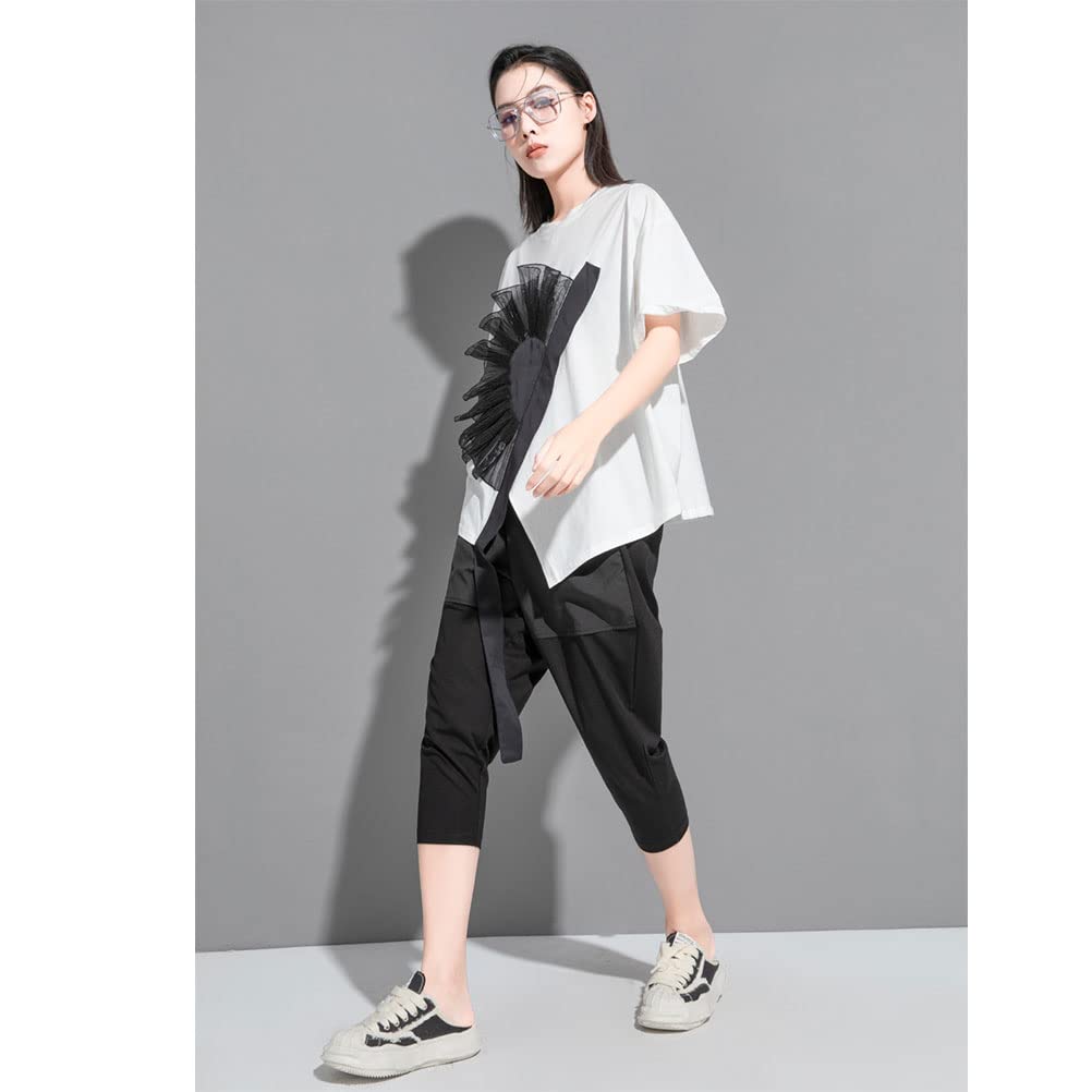 3D Floral Short Asymmetrical Floral Loose One Size Fits White with Black X-CHEN T-Shirt, Women's, Sleeve, Design, Fit, Stylish, Stylish, Spring/Summer