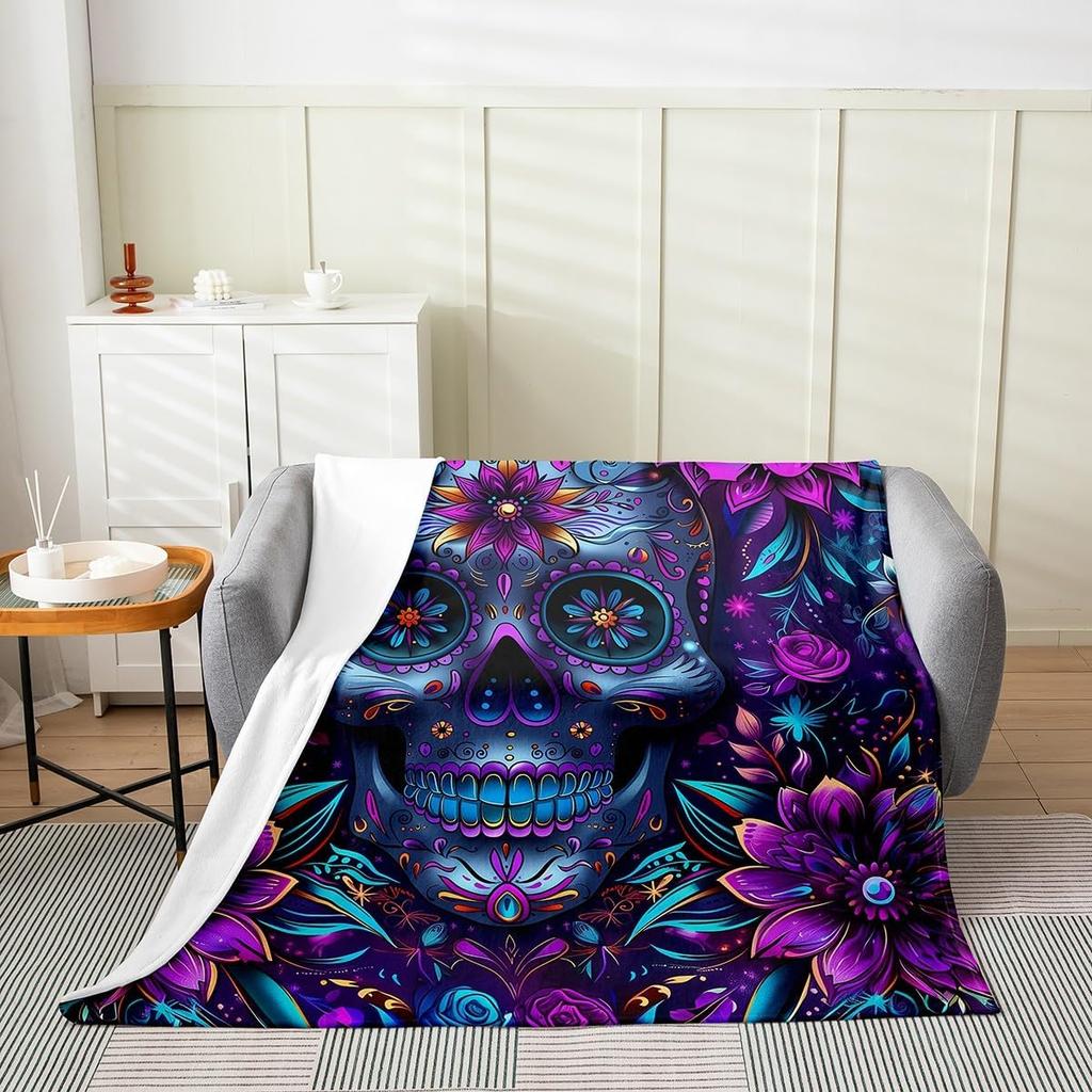 Erosebridal Sugar Skull Throw Blanket Romantic Rose Floral Fleece Blanket Queen Mysterious Starry Sky Blanket Exotic Skeleton