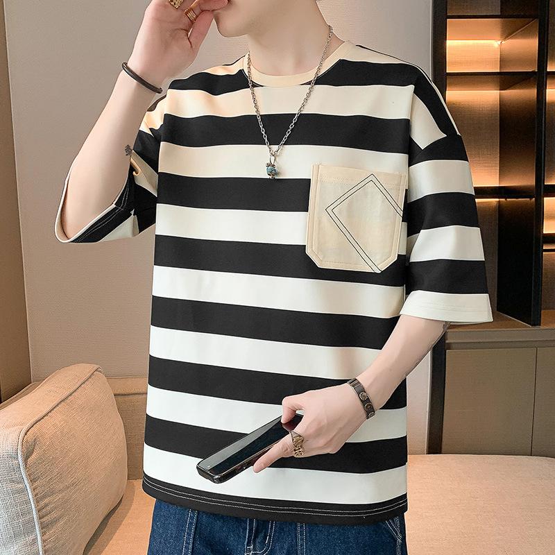 

Летняя мужская свободная футболка с короткими рукавами, полосатый топ, круглый вырез, футболка с короткими рукавами M чёрный