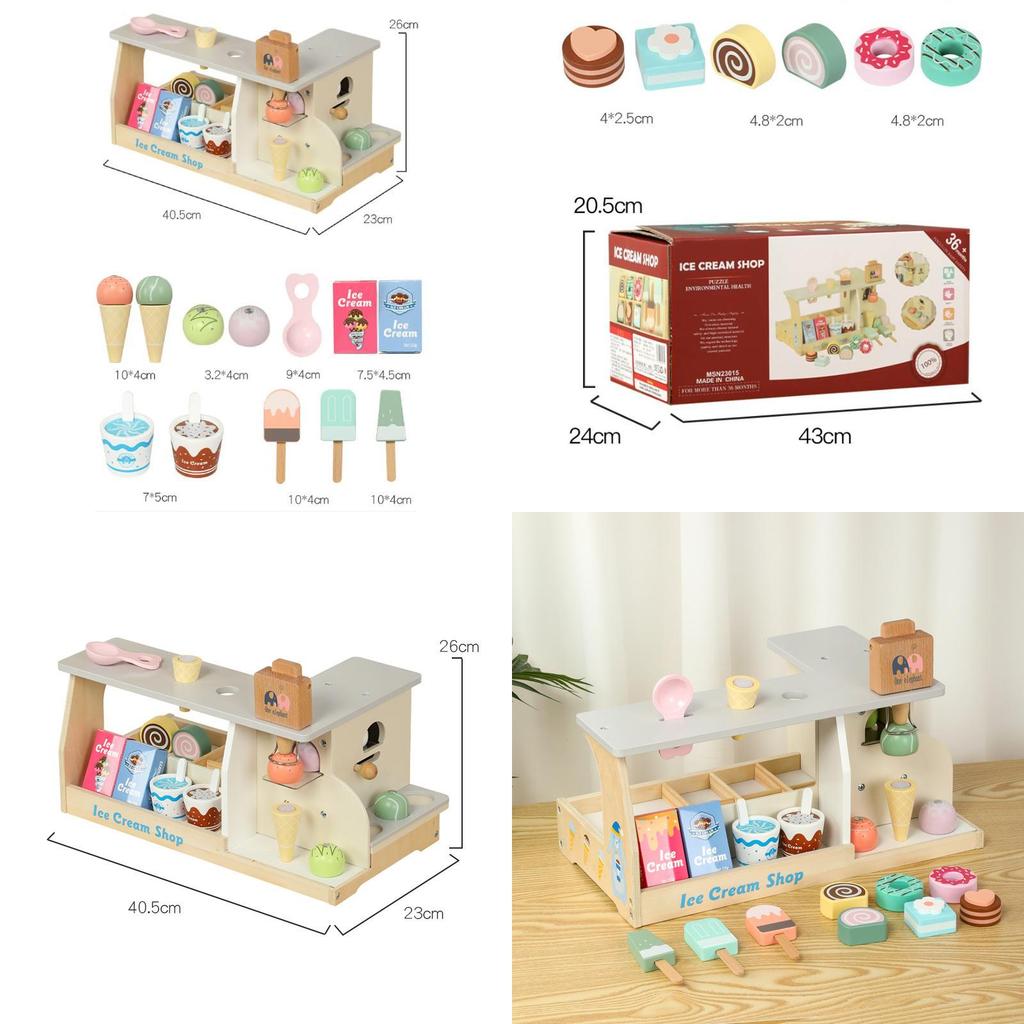 Wooden Ice Cream Shop Playset With Realistic Accessories For Kids Imaginative Role Play