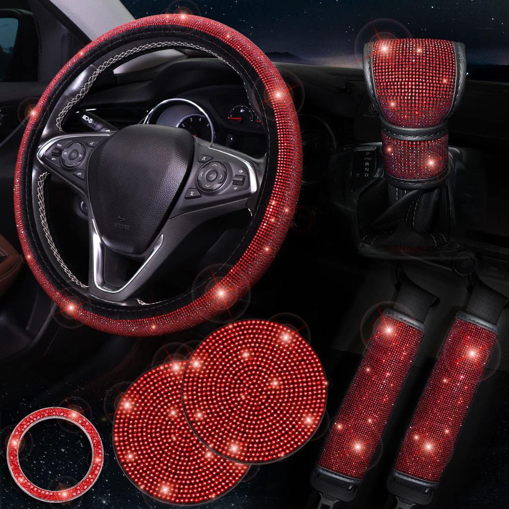 7Pcs/Set Shiny Rhinestones Car Steering Wheel Safety Belt Shifter Cover Cup Mat Start Button Ring Kit