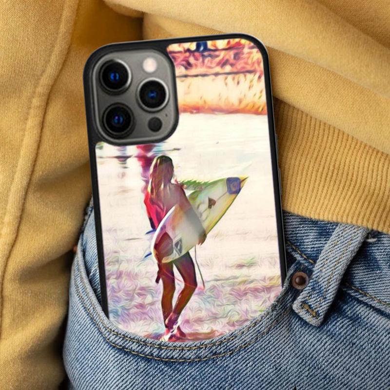 Surfboard Surfing Art Surf Girl Soft Phone Case for iPhone 17 Air 16e Pro Max 15 Pro 13 14 Plus 11 12 MagSafe Magnetic Coque