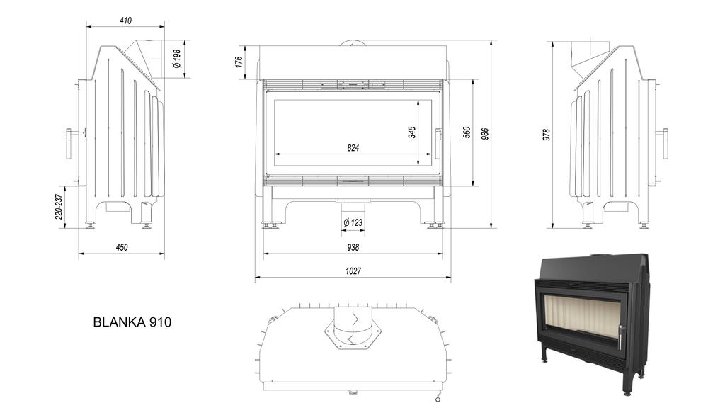 Steel fireplace KRATKI BLANKA 16 kW Ø 200