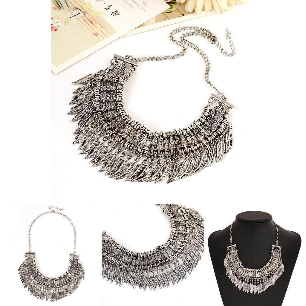 European Style Antique Silver Charm Necklace With Tassel And Carved Leaf Motif For All