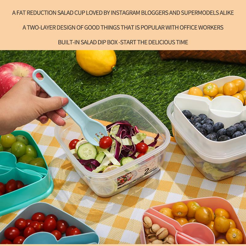 Přenosné 2vrstvé salátové misky s vidličkou 1300ml obědový box, uzavřené nepropustné bento boxy, opakovaně použitelný piknikový box, nádoba na potraviny