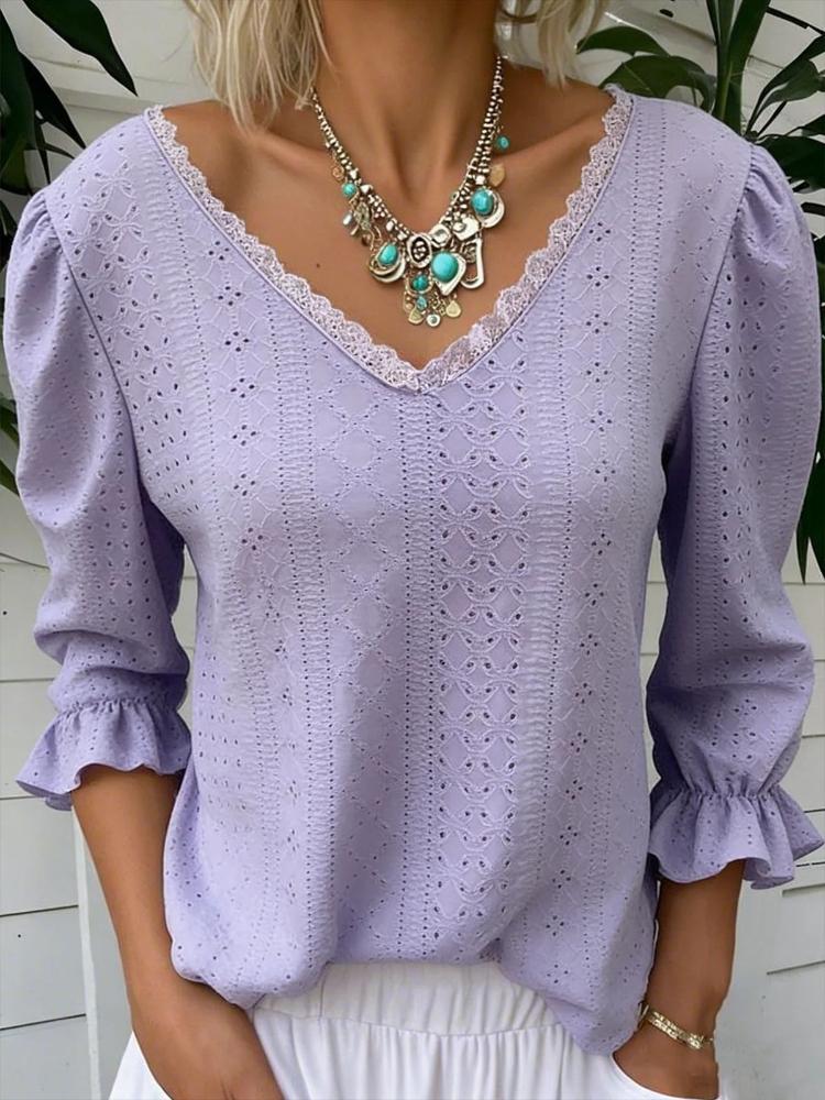 2026 Spring New Women's V-neck Hollow-out Casual Mid-sleeve Top Women's Shirt