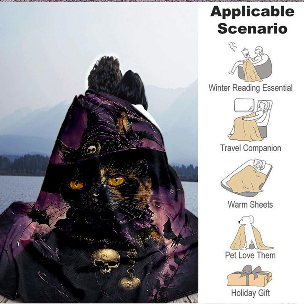 1pc Witchcraft Halloween Cat Blanket, Lightweight Flannel Throw Blanket for Sofa, Bed, Travel, Camping, Living Room, Office, Couch, Chair, and Bed