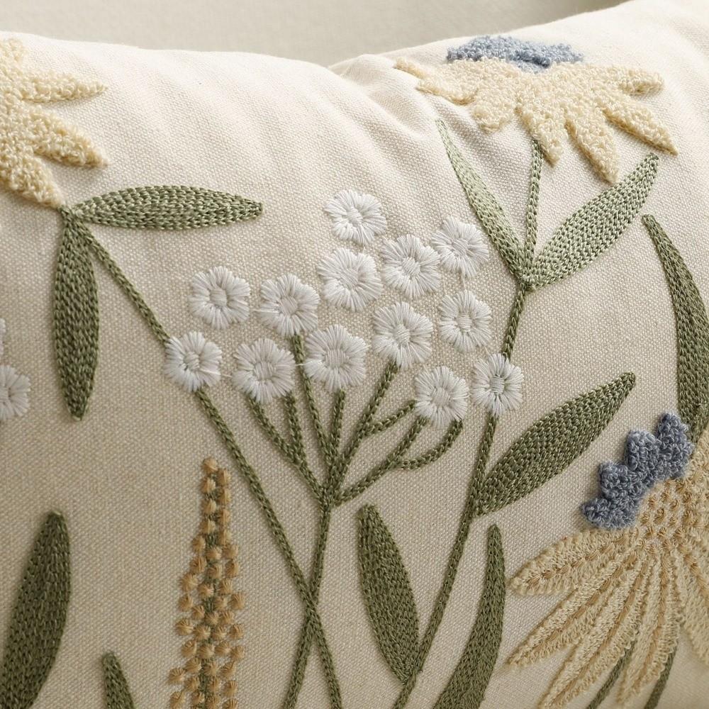 Pastoral Floral Embroidered Cushion Cover Canvas Soft Texture Decorative Pillow Case Spring Theme Wear Resistant