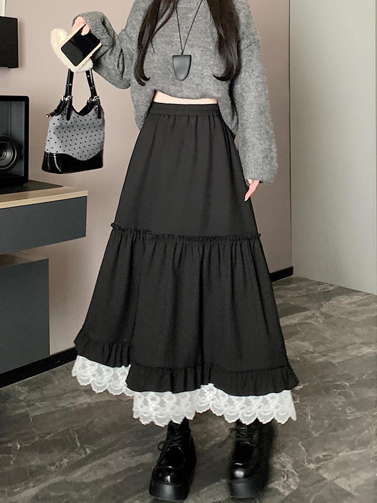 Lace Spliced Midi Skirts for Women High Waist Sweet Vintage A-line Cake Skirt Fashion Clothing Spring Autumn