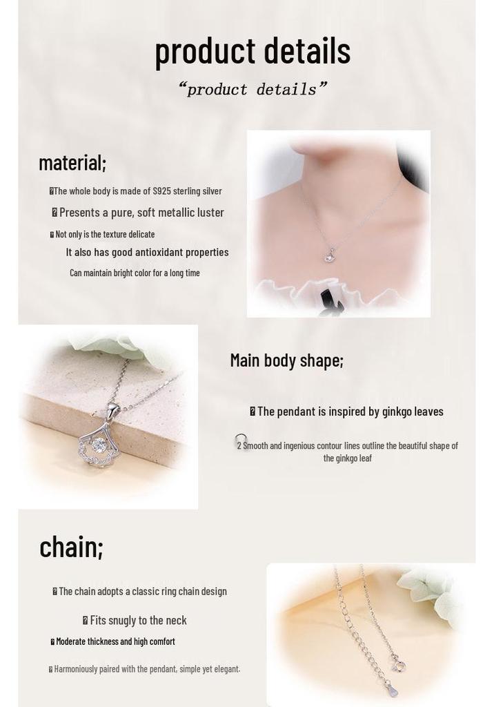 S925 Sterling Silver Ginkgo Leaf Apricot Necklace - Korean & Japanese Style for Women