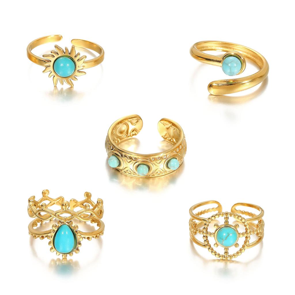 Stainless Steel Ring, Vacuum Plated 18K Gold Turquoise Rudder Sun Opening Bracelet