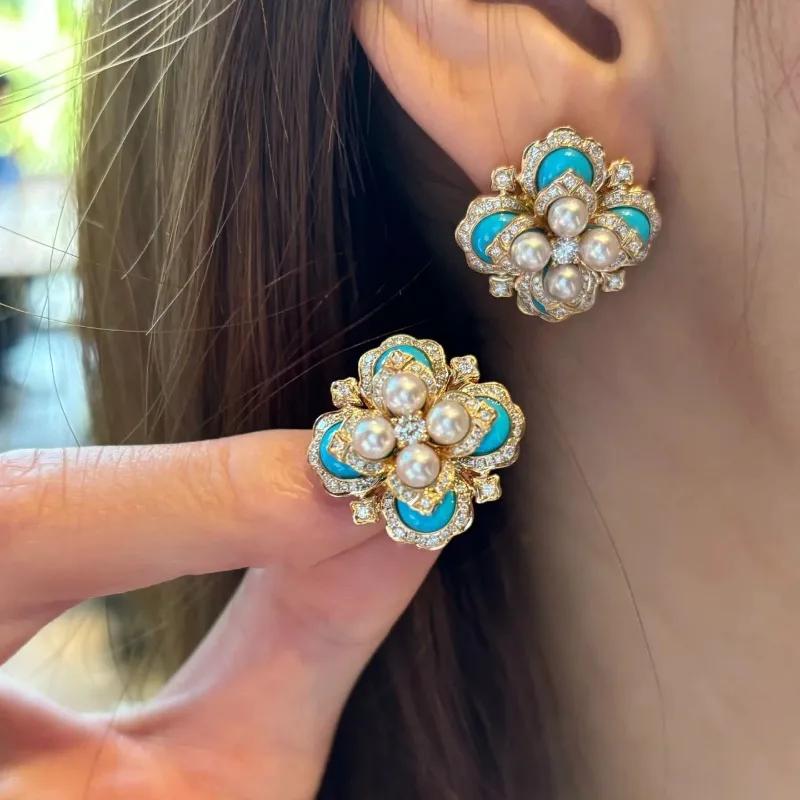 Exquisite Blue Pearl Flower Earings Stud Fine Palace Style High Grade Retro Turquoise Earrings for Women Zircon