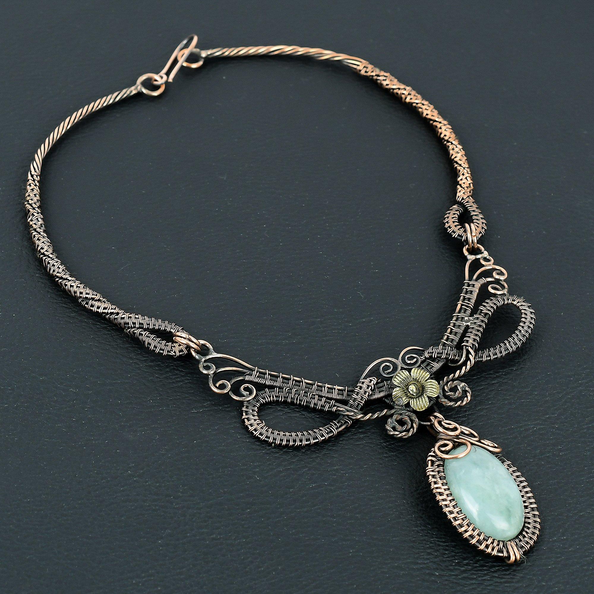 

Aquamarine Handmade Gemstone Necklace, 999 Copper Wire Wrapped Necklace Antique Jewelry, For Engagement Gift