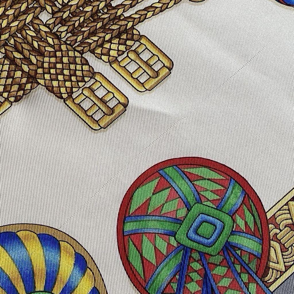 Used HERMES LES RUBANS DU CHEVAL Hermes Horse Ribbon Decoration Scarf Silk Carr 90 Rosette Gray White Large Vintage
