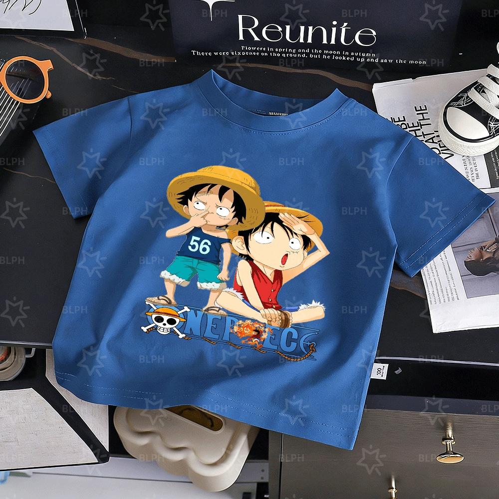 Cute One Piece Luffy Kids T-Shirt, Classic Anime Character Design, Comfortable Cotton Summer Tee for Boys and Girls