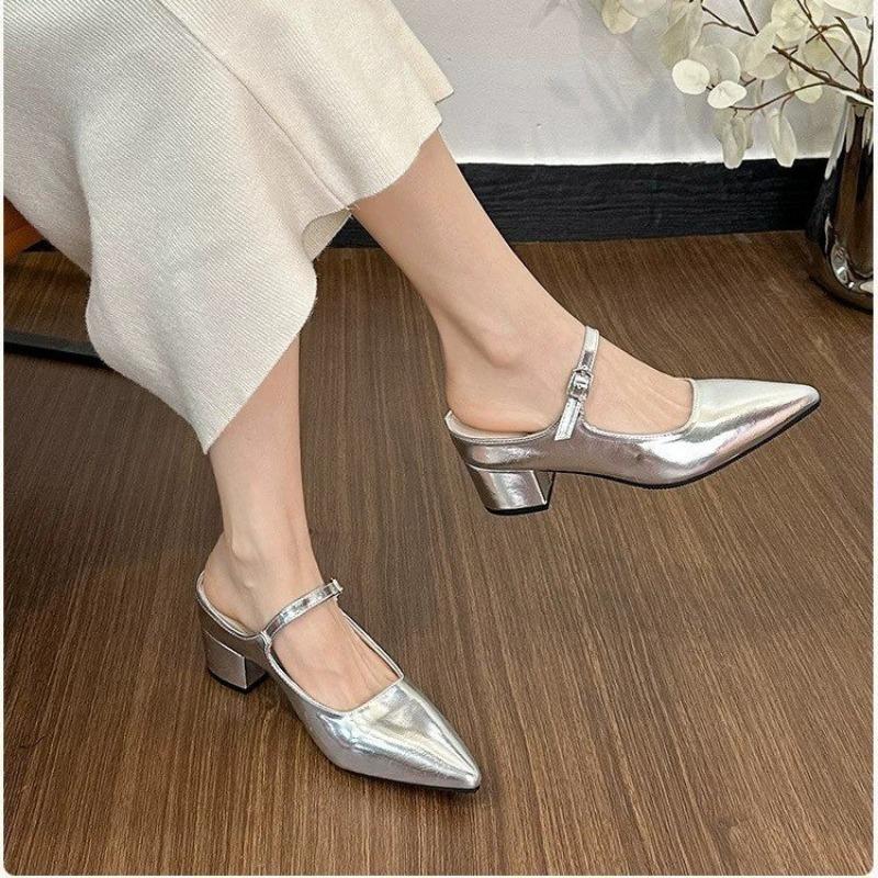 French Heightened Inside Heels Women's Pointed Toe Shallow Mouth One Strap Soft Sole Outside Wear Half Drag