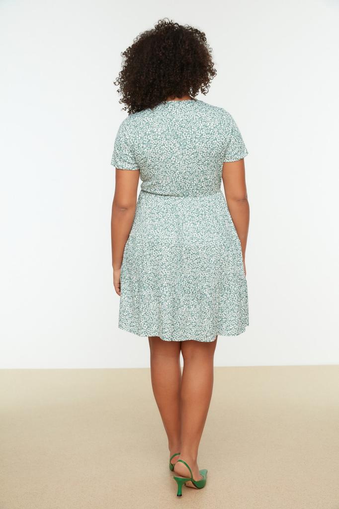 Damenmode Neues Plus-Big-Size-Kleid Grünes Strickkleid mit V-Ausschnitt und Blumenmuster