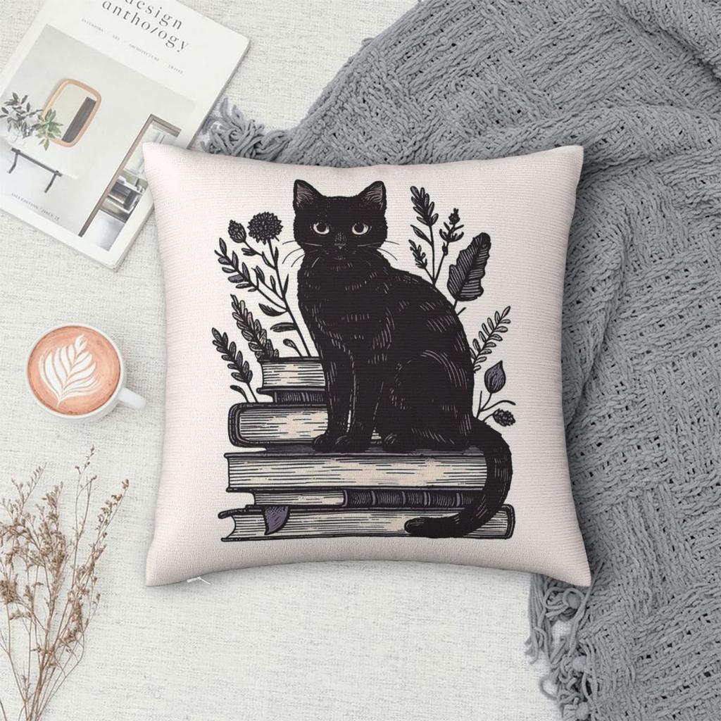 Black Cat And Books Square Pillowcase Polyester Linen Velvet Printed Zip Decorative Throw Pillow Case Home Cushion Cover 45X45