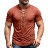Camisa Casual Retro de Manga Corta con Cuello en V y Cordones para Hombre