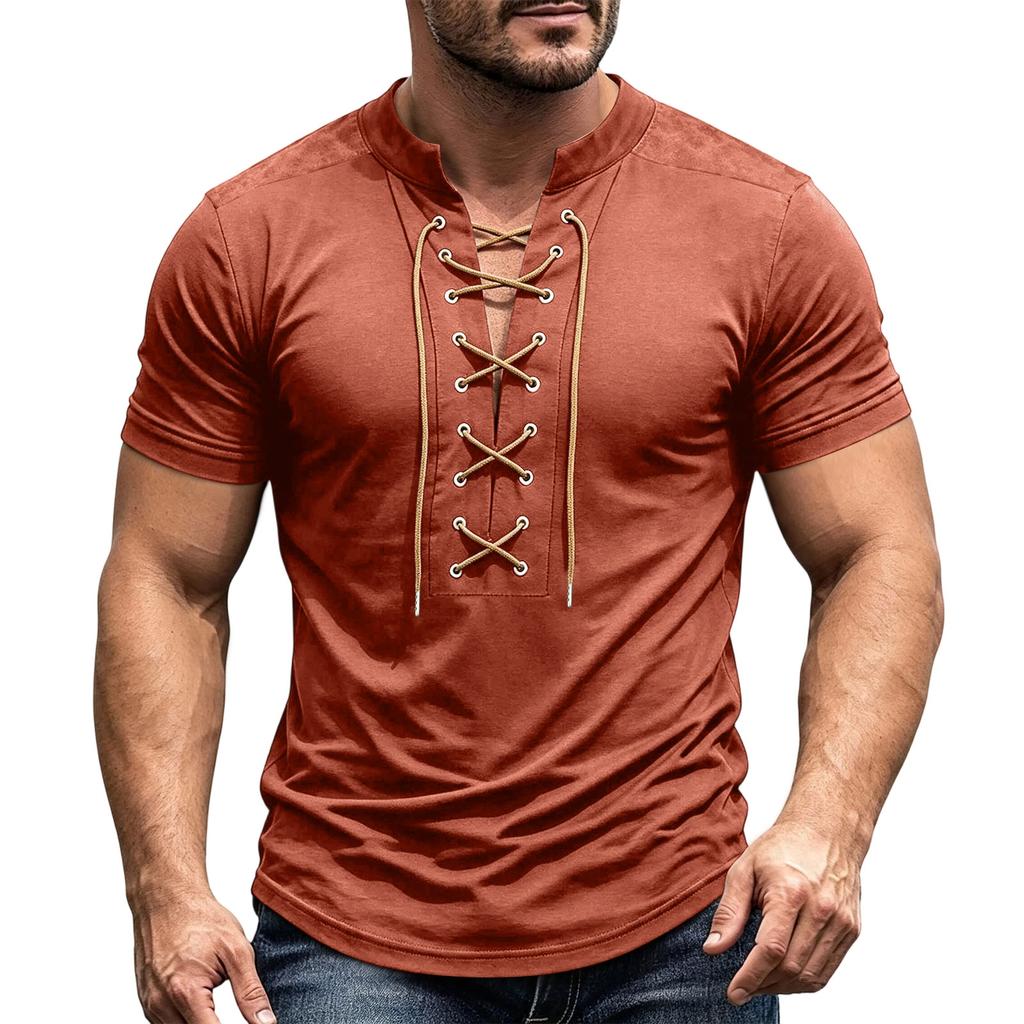 Camisa Casual Retro de Manga Corta con Cuello en V y Cordones para Hombre