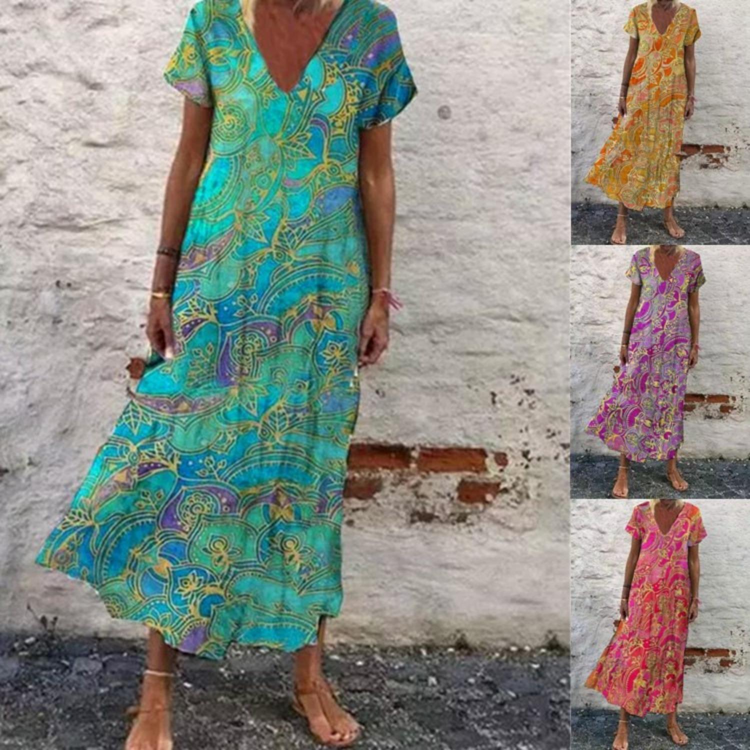 

2025 New Women s Floral V-Neck Short Sleeve Fashion Long Dress 5XL зелений