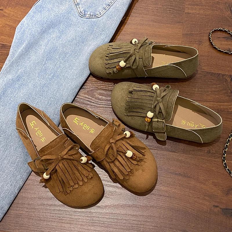 Cow Suede Round Toe Flats Spring/autumn Slip-on Women's Shoes On Sale 2025 New Solid Butterfly-knot Tassel Women's Shoes
