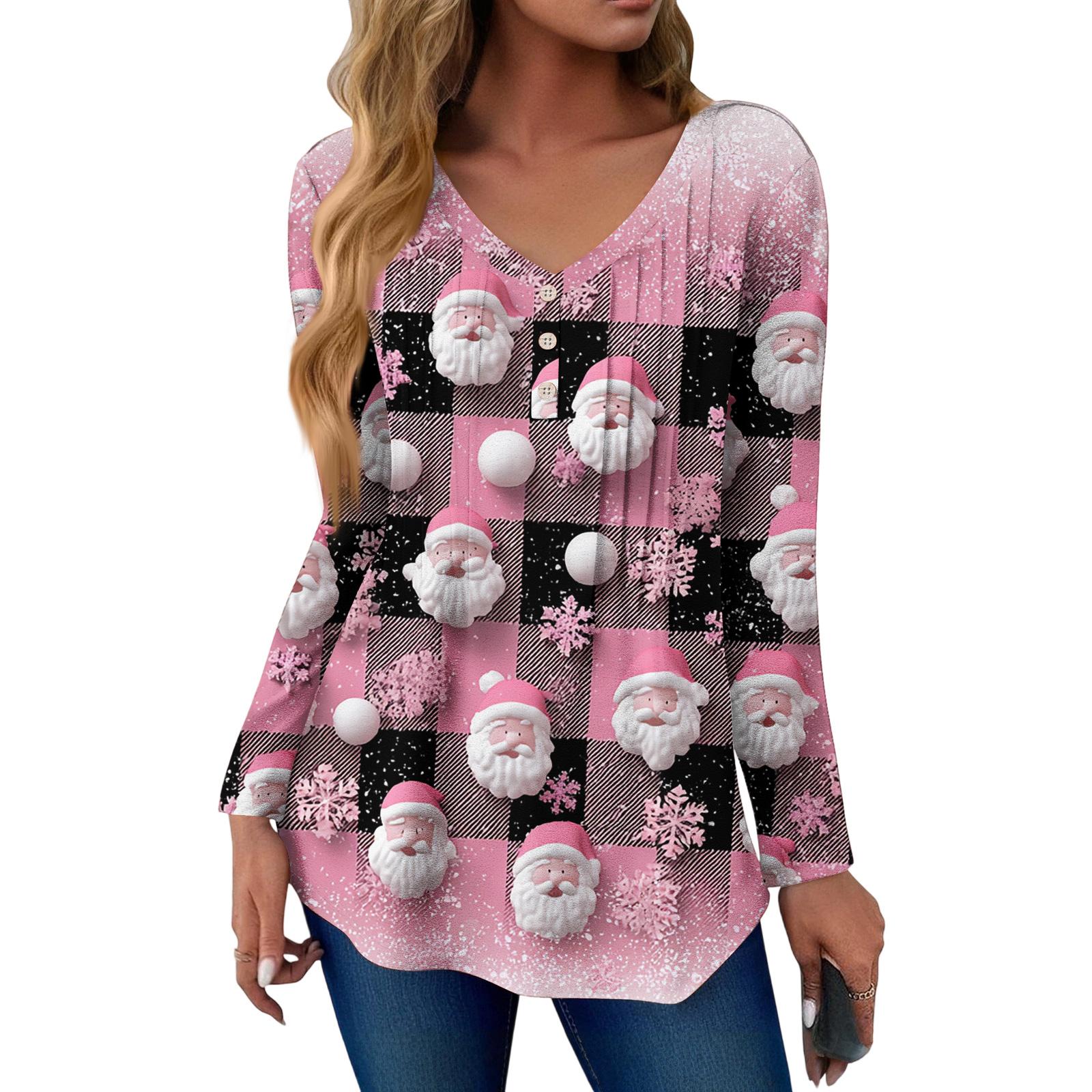 

Женская модная повседневная футболка с принтом рождественской елки, V-образным вырезом, декоративными пуговицами и длинными рукавами XXL розовый
