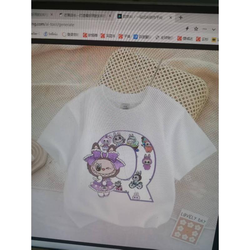Cute Labubued Letter Printed T-shirt Cotton Summer Outdoor Wear Short Sleeve Girls Clothes Top Cartoon Children Clothing Toddler