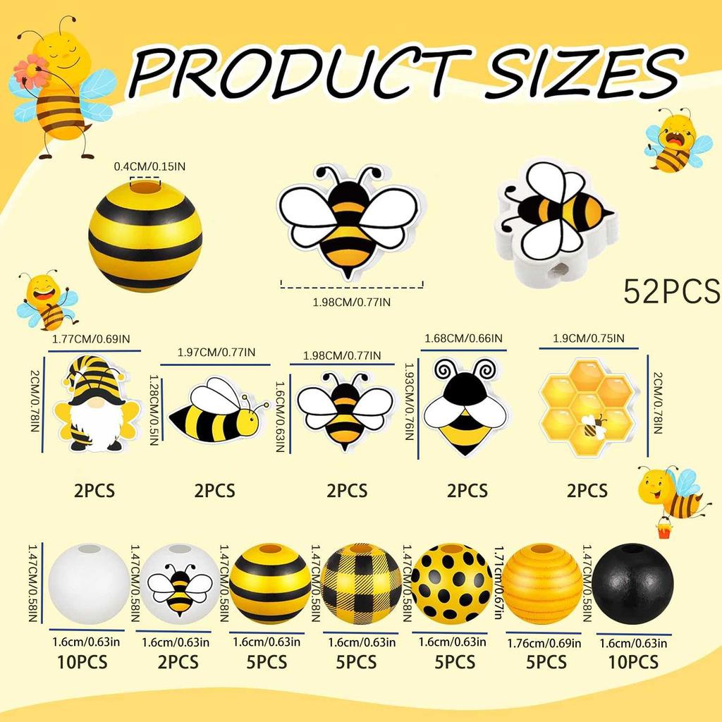 60 Pieces Bee Wooden Beads Wood Bee Honeycomb Beads Farmhouse Beads Round Spacer Beads with Hole for Necklace Bracelet