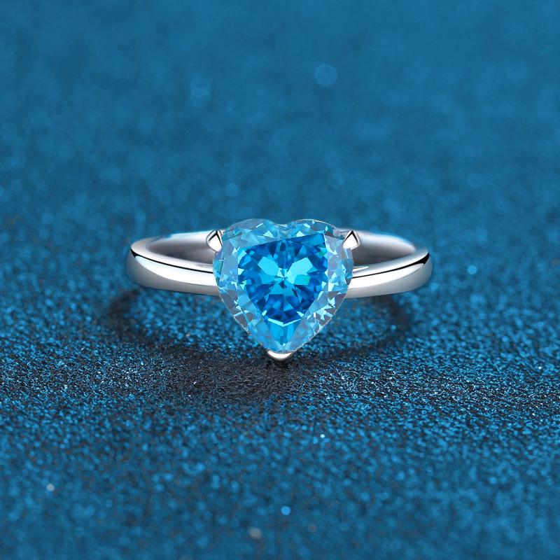 S925 Sterling Silver Heart Solitaire Ring with Ice Flower Cut Sea Blue & Pink Diamonds