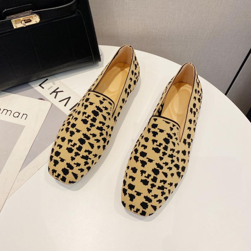 

Новые весенние туфли кэжуал с квадратным носком и летающей вязкой, женские удобные туфли Дуду, плетеные, на одном педале 40 цветной печати леопарда