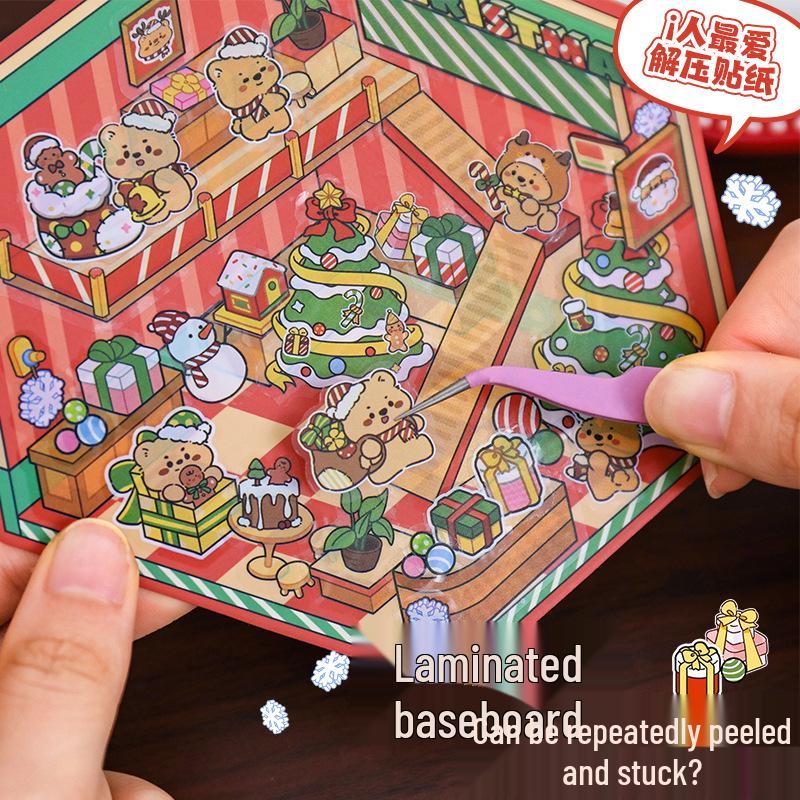 Christmas Miniature 3D Cabin Scene Stickers – Cute Handmade Cartoon Stickers for Journals