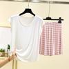 Ladies' Casual And Comfortable Round Neck Solid Color Top With Checkered Printed Shorts Plus Size Set