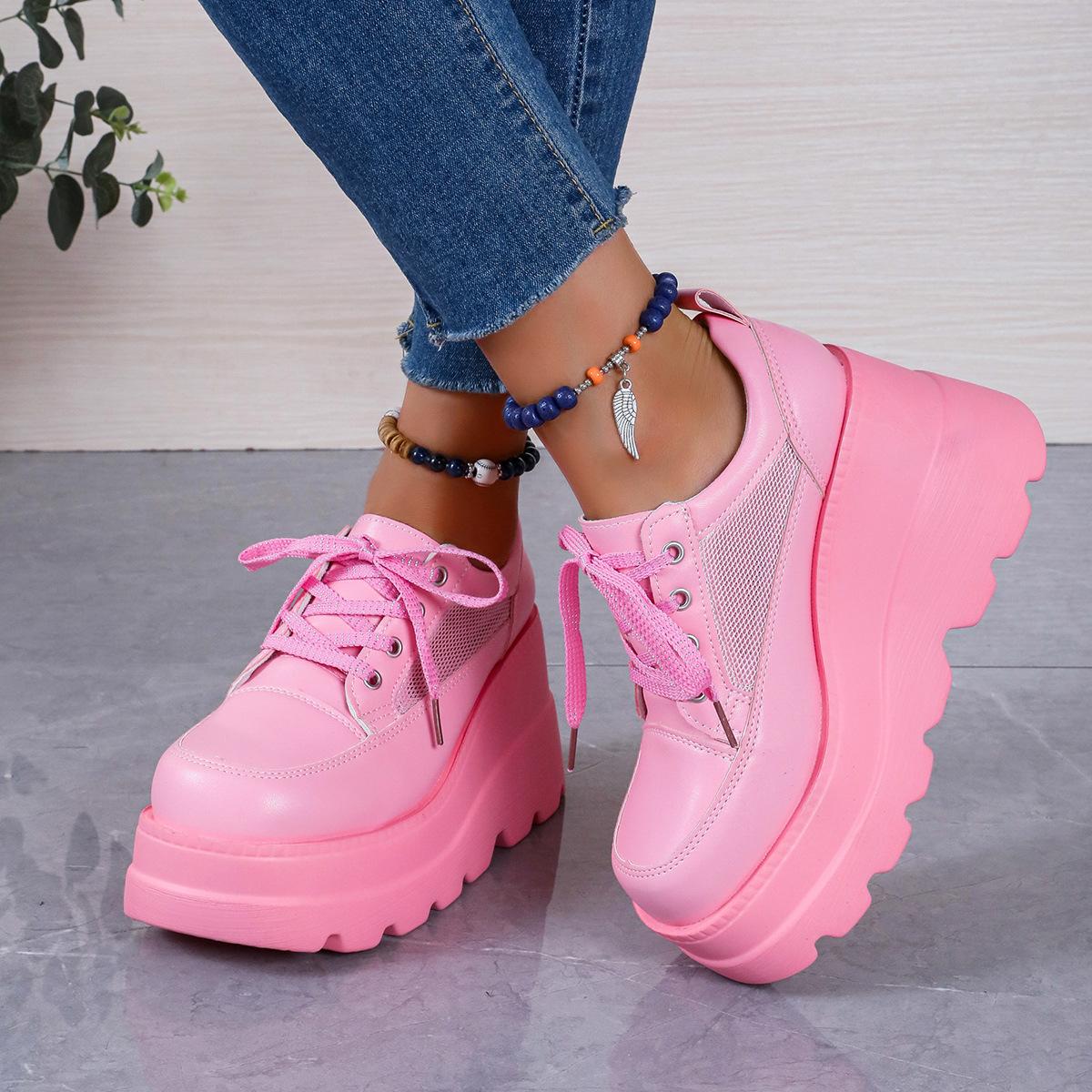 

2024 Весна Осень Новые Женские Кроссовки Из Вулканизированной Форме С Поднятием Внутри Кроссовки На Танкетке Розовые Белые Платформы Шнуровка Zapatillas Mujer 36 розовый