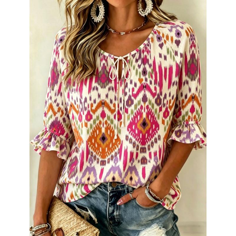 Women's Lavender Floral Print Tie Neck Blouse, Casual Loose Tops for Spring Summer Daily Wear & Vacation Occasions