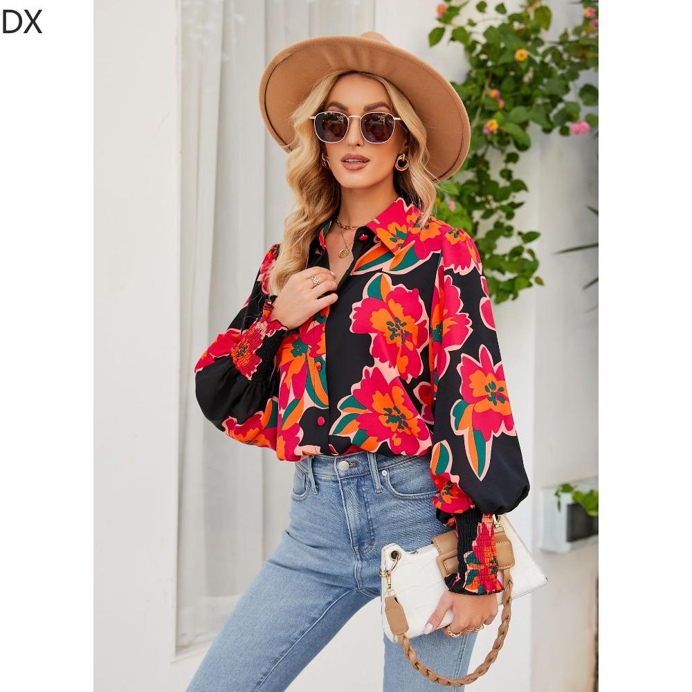 DX2018-8127 # - New Top Casual Print Bubble Shoulder Lantern Long Sleeve Shirt Women
