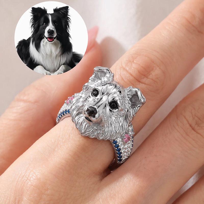 Cute Kitten Puppy Head Ring With Bow & Sparkly Stones Unique Animal Jewelry For Women Perfect Gift For Cat Dog Lovers