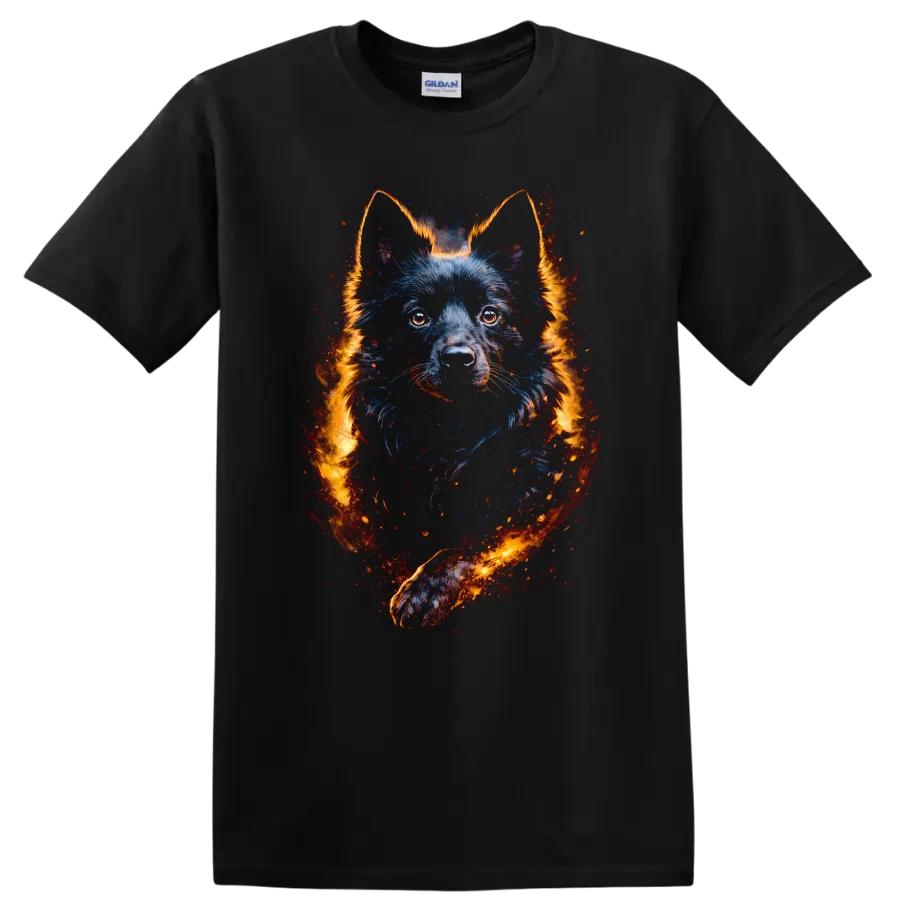 Black Dog Fire Flames Artwork T Shirt Graphic Animal Lover Tee