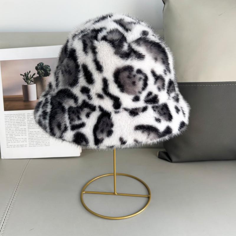 Fluffy Leopard Print Bucket Hat Thick Warm Ear Flap Fashionable Versatile Hat