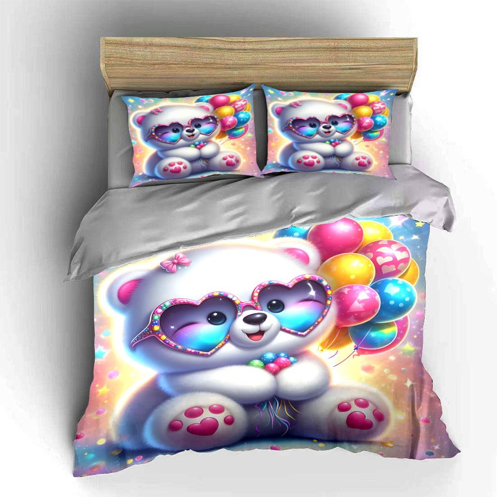 Cute Bear with Heart Balloons Bedding Duvet Cover Set (1*Duvet Cover 2*Pillowcases, Without Duvet Insert)