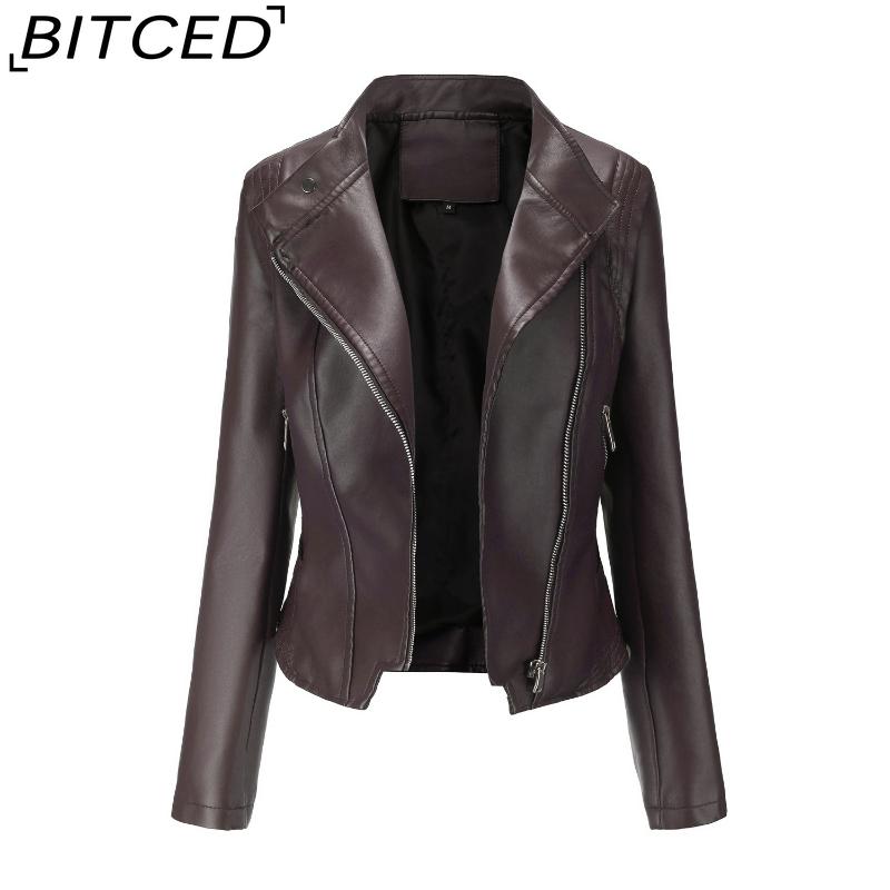 

BITCED PU POLO Neck Women s Slim-Fit Leather Jacket Women s Spring/Autumn Lightweight Long-Sleeved Coat Short-Length Jacket XXXL темно-коричневого