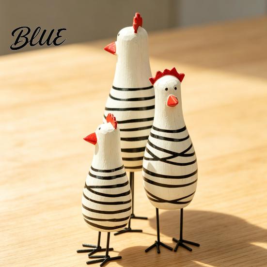 Lightweight Wood Ornaments 3Pcs Hand-Painted Wooden Chicken Figurine Set, Cute Animal Desktop Decor with Striped Black Stable Metal Stand Figurines &