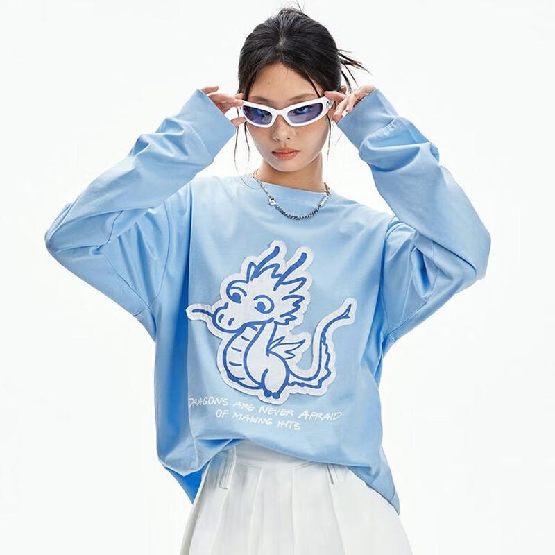 DRAGONS NEVER AFRAID Cartoon Dragon Patch Long Sleeve T-Shirt XL