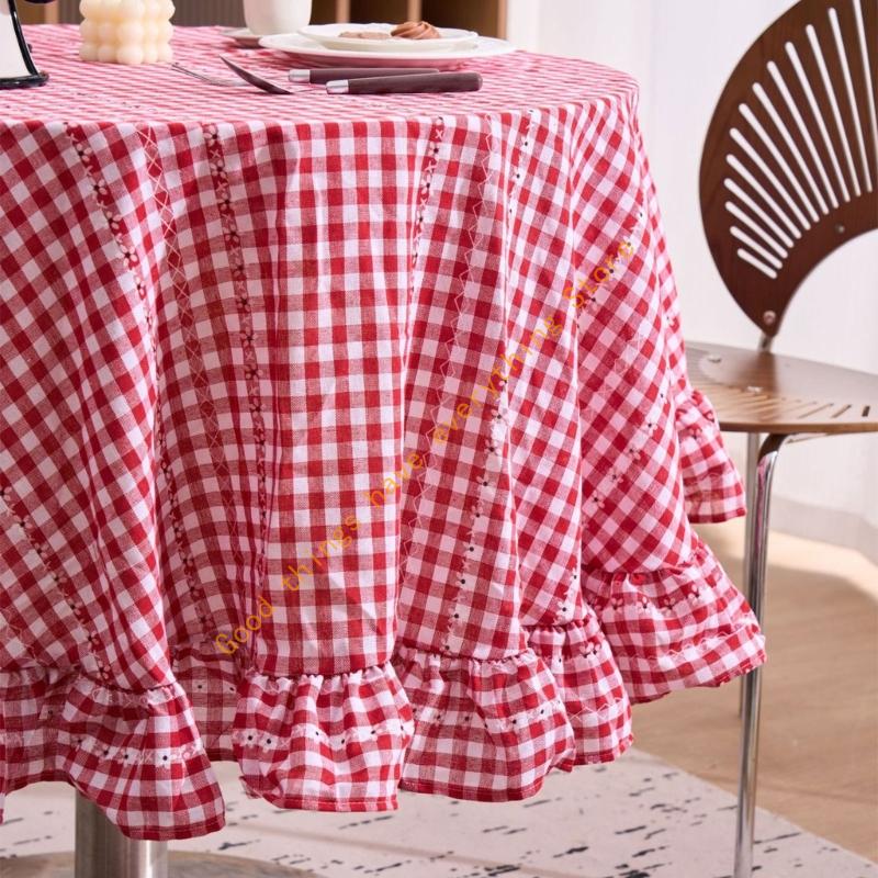 150cm/180cm French Cotton Linen Tablecloth With Ruffled Trim For Round Tables Washable Floral Pattern Table Cover 55KF