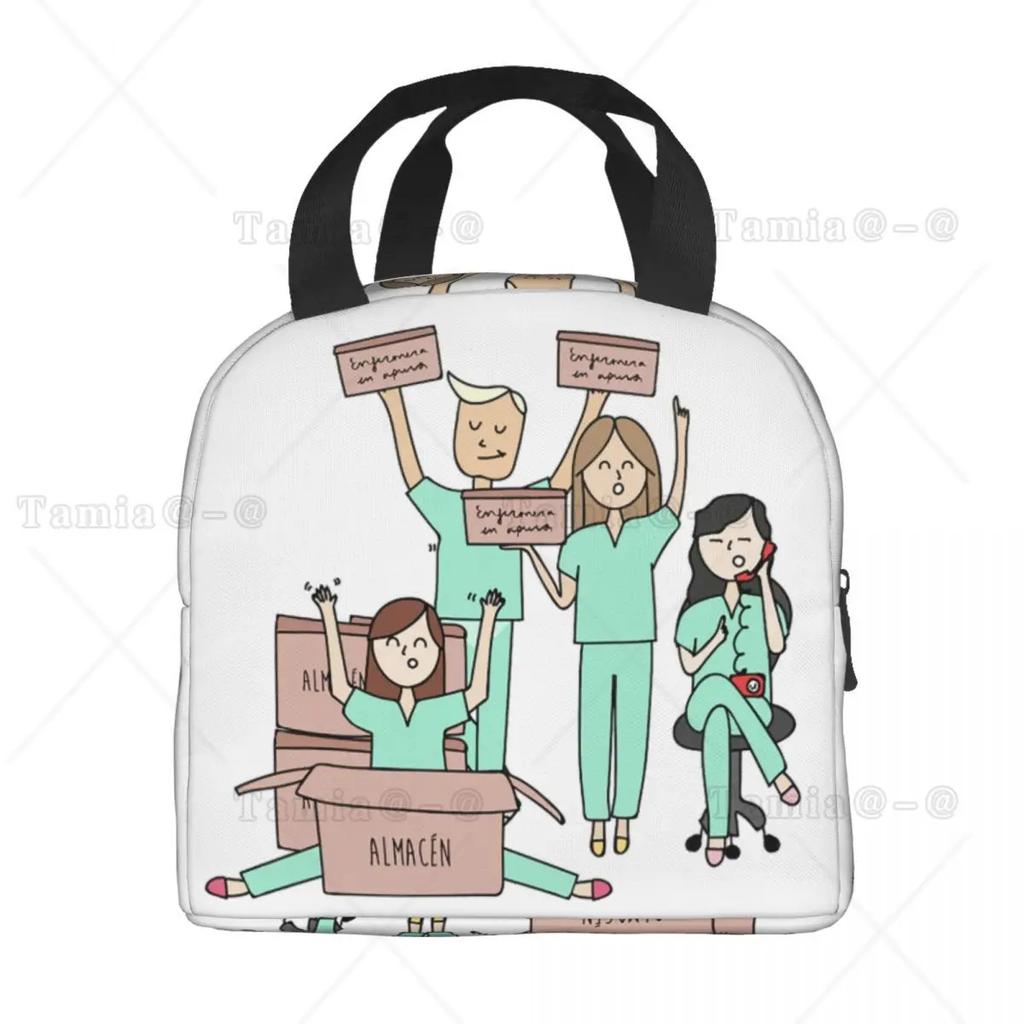 Cartoon Ladies Nurse Printed Lunch Bag for Women No Paro De Doblar Enfermera En Apuros Insulated Cooler Oxford Food Tote Bags