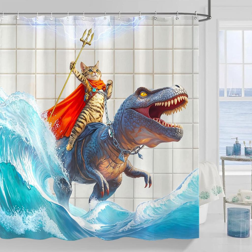 Funny Cat Shower Curtain Set Great Wave Art Style Relaxing Feline Waterproof Bathroom Shower Curtain Japanese Scene Home
